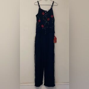 VTG Handmade Styleworks Floral Jumpsuit Romper SZ 10 black 100% Silk Beaded New